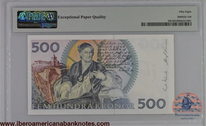 Sweden 1986 P-58b PMG Choice About UNC 58 EPQ 500 Kronor