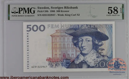 Sweden 1986 P-58b PMG Choice About UNC 58 EPQ 500 Kronor