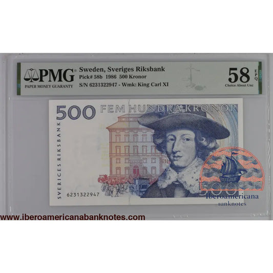 Sweden 1986 P-58b PMG Choice About UNC 58 EPQ 500 Kronor