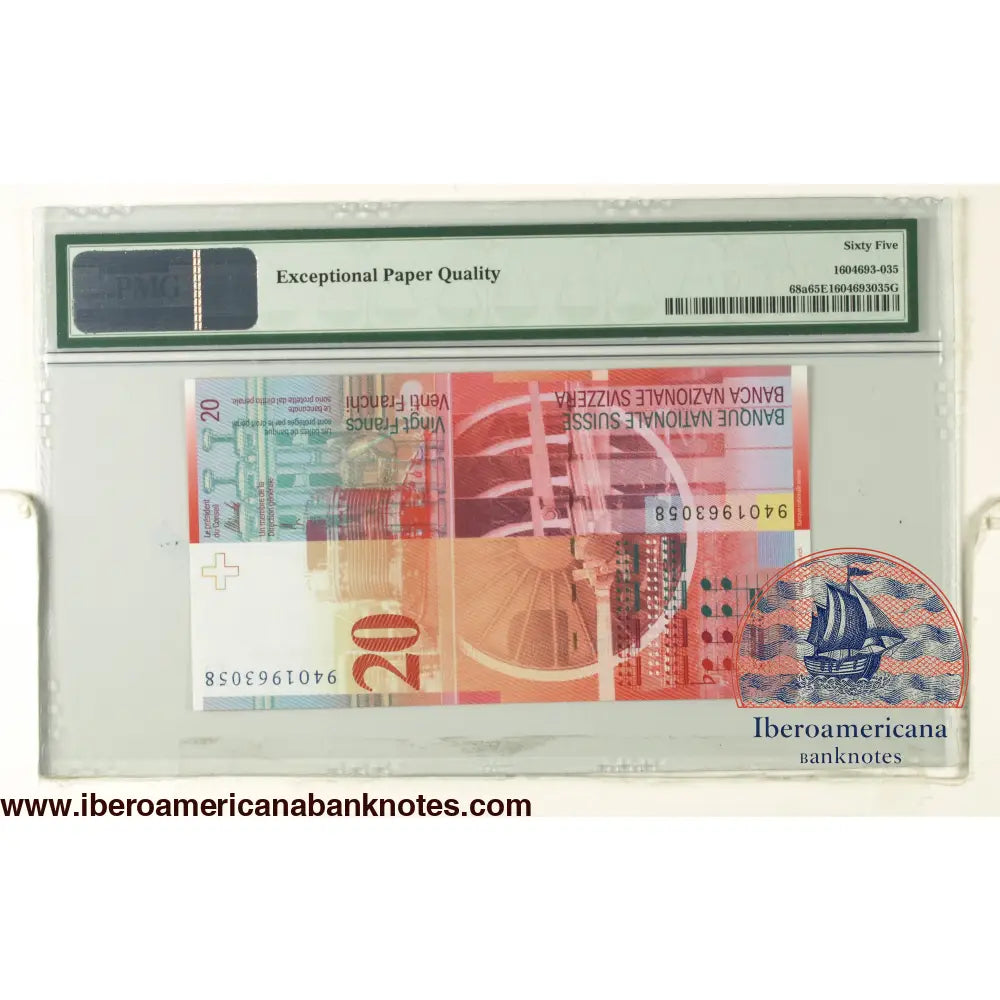 SWITZERLAND. 20 Franken. 1994. FIRST ISSUE (Pick: 68a). PMG65EPQ.