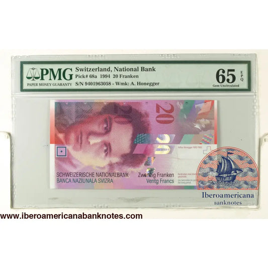 SWITZERLAND. 20 Franken. 1994. FIRST ISSUE (Pick: 68a). PMG65EPQ.