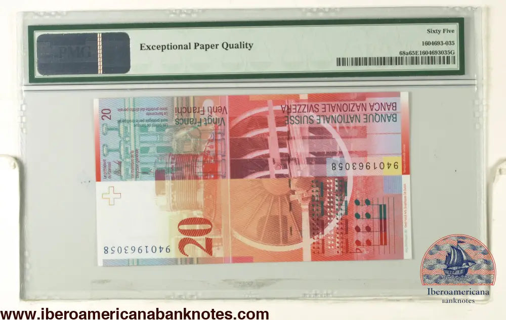 SWITZERLAND. 20 Franken. 1994. FIRST ISSUE (Pick: 68a). PMG65EPQ.