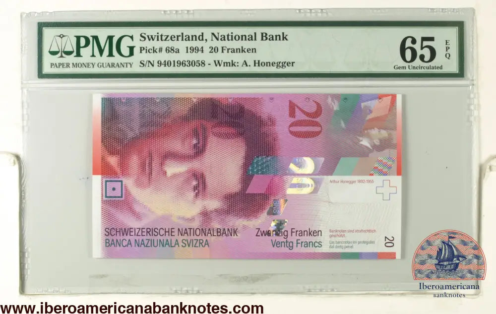 SWITZERLAND. 20 Franken. 1994. FIRST ISSUE (Pick: 68a). PMG65EPQ.