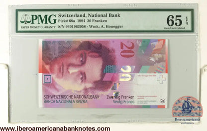 SWITZERLAND. 20 Franken. 1994. FIRST ISSUE (Pick: 68a). PMG65EPQ.