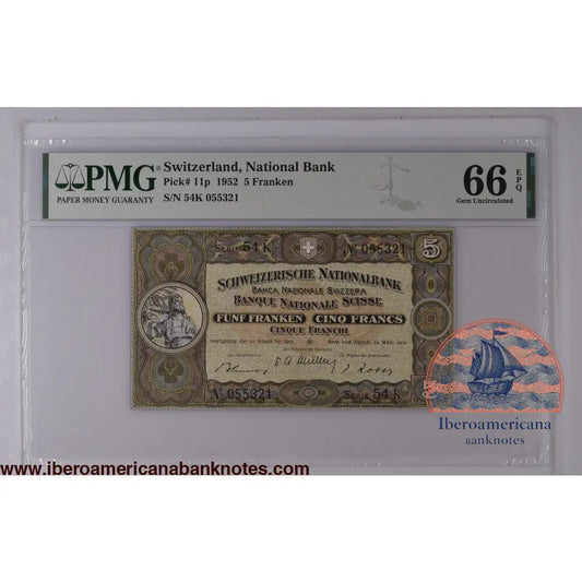 SWITZERLAND 5 Franken 1952 Pick 11 p PMG 66 EPQ