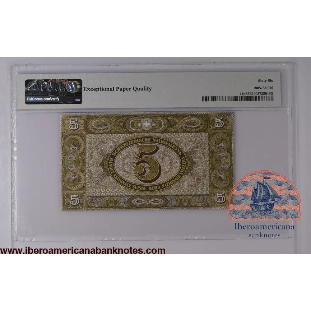 SWITZERLAND 5 Franken 1952 Pick 11 p PMG 66 EPQ