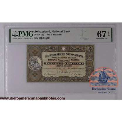 SWITZERLAND 5 Franken 1952 Pick 11 p PMG 67 EPQ