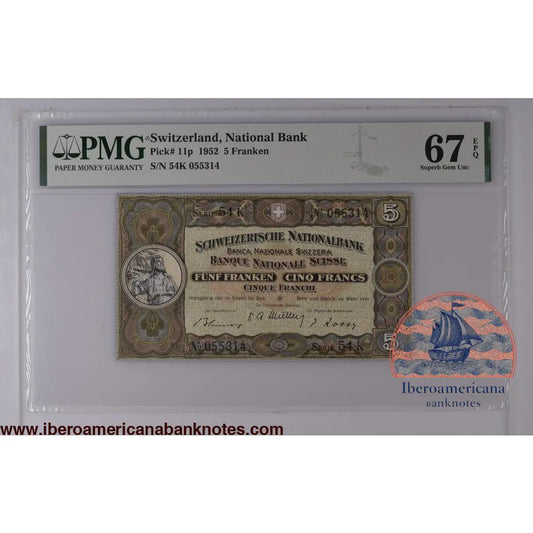 SWITZERLAND 5 Franken 1952 Pick 11 p PMG 67 EPQ