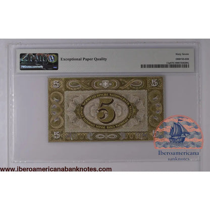 SWITZERLAND 5 Franken 1952 Pick 11 p PMG 67 EPQ