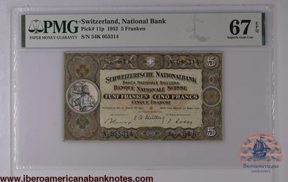 SWITZERLAND 5 Franken 1952 Pick 11 p PMG 67 EPQ