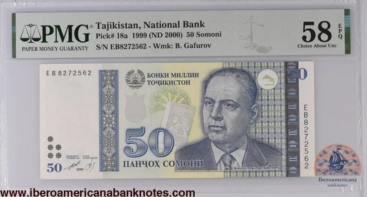 Tajikistan 1999 (ND 2000) P-18a PMG Choice About UNC 58 EPQ 50 Somoni