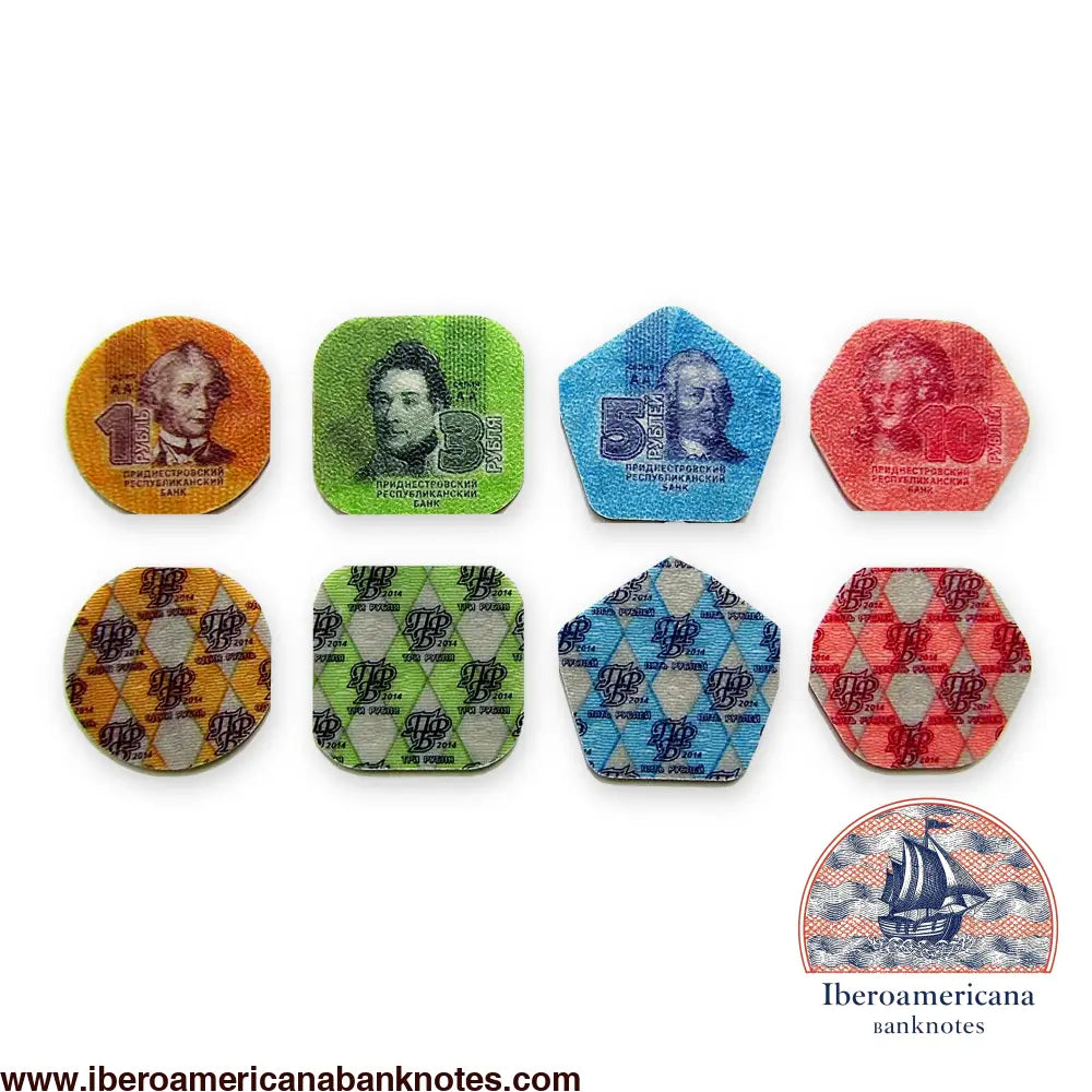 Set completo de monedas de plástico de 1, 3, 5 y 10 rublos de Transnistria de 2014, sin circular. Anversos arriba y reversos con retícula de rombos y monograma del banco abajo.