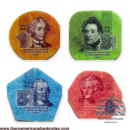 Set de monedas de plástico de 1, 3, 5 y 10 rublos de Transnistria de 2014, sin circular. Anversos con los retratos de Suvórov, De Volan, Rumiántsev y Catalina la Grande.