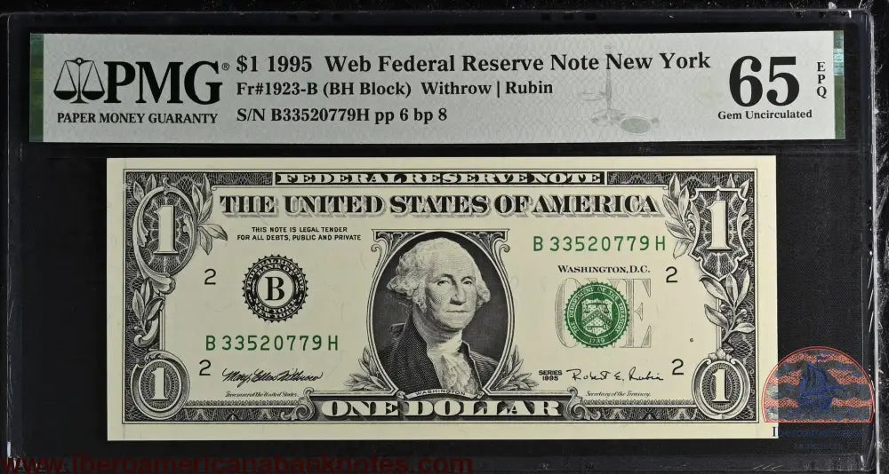 United States of America. 1 Dollar 1995 Fr# 1923-B WEB Note PMG 65 EPQ