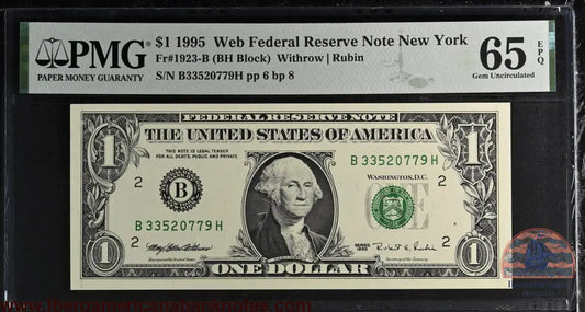 United States of America. 1 Dollar 1995 Fr# 1923-B WEB Note PMG 65 EPQ