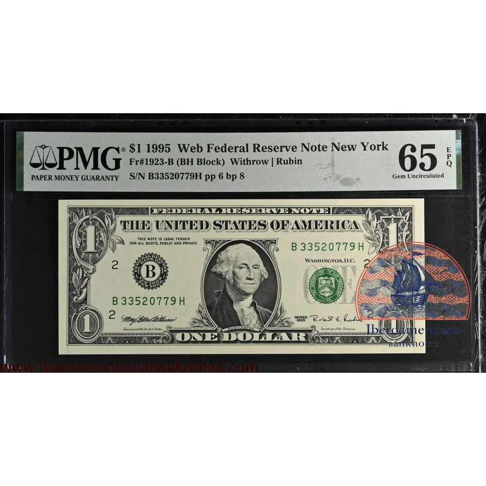 United States of America. 1 Dollar 1995 Fr# 1923-B WEB Note PMG 65 EPQ