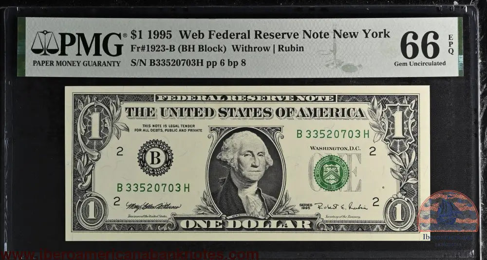 United States of America. 1 Dollar 1995 Fr# 1923-B WEB Note PMG 66 EPQ