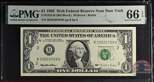 United States of America. 1 Dollar 1995 Fr# 1923-B WEB Note PMG 66 EPQ