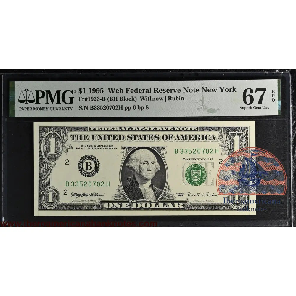United States of America. 1 Dollar 1995 Fr# 1923-B WEB Note PMG 67 EPQ