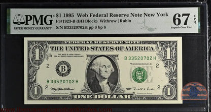 United States of America. 1 Dollar 1995 Fr# 1923-B WEB Note PMG 67 EPQ