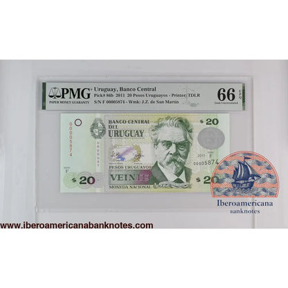 Uruguay 2011 P-86b PMG Gem UNC 66 EPQ 20 Pesos Uruguayos low number