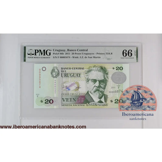 Uruguay 2011 P-86b PMG Gem UNC 66 EPQ 20 Pesos Uruguayos low number