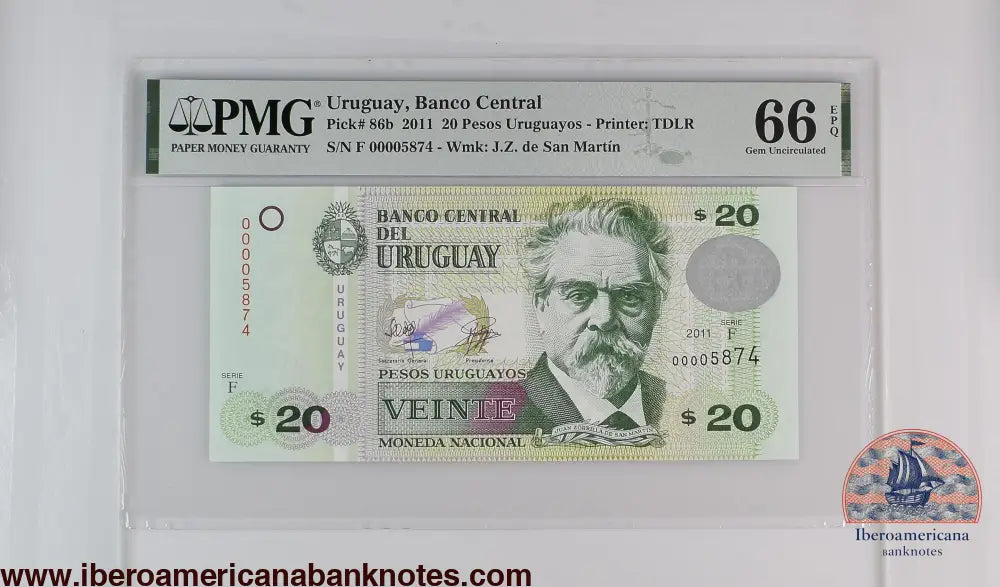 Uruguay 2011 P-86b PMG Gem UNC 66 EPQ 20 Pesos Uruguayos low number
