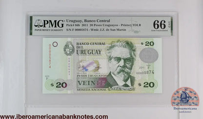 Uruguay 2011 P-86b PMG Gem UNC 66 EPQ 20 Pesos Uruguayos low number