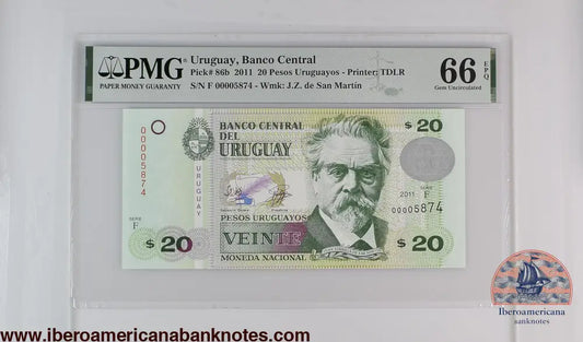 Uruguay 2011 P-86b PMG Gem UNC 66 EPQ 20 Pesos Uruguayos low number