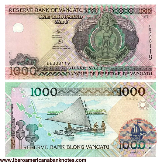 Billete de 1000 vatu de Vanuatu de 2002, Pick 10a, sin circular. Anverso con un jefe melanesio con tocado de plumas y lanza y el lema «Long God yumi stanap»; reverso con una piragua de vela tradicional, tambores tallados y un mapa del archipiélago.
