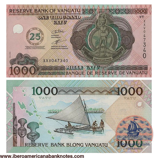 Billete de 1000 vatu de Vanuatu de 2005, Pick 11, conmemorativo del 25 aniversario de la independencia, sin circular. Anverso con un jefe melanesio, el emblema del 25 aniversario y el lema «Long God yumi stanap»; reverso con una piragua de vela tradicional y tambores tallados.