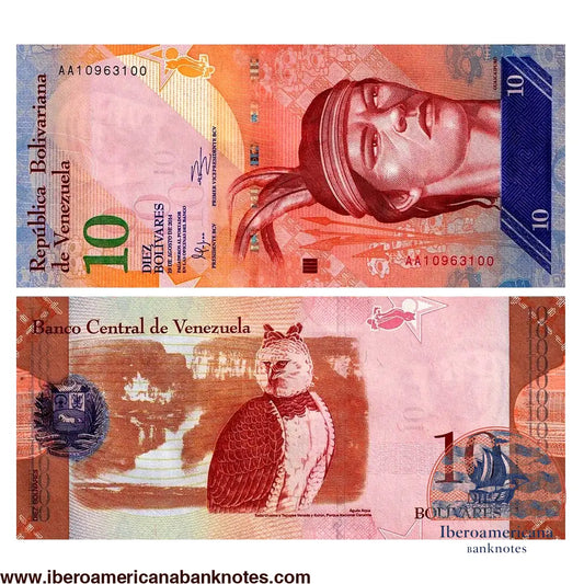 Billete de 10 bolívares fuertes de Venezuela del 19 de agosto de 2014, Pick 89, prefijo AA, sin circular. Anverso con el retrato del cacique Guaicaipuro; reverso con un águila harpía junto al salto de Ucaima y los tepuyes Venado y Kurún.