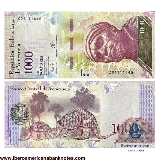 Billete de 1000 bolívares fuertes de Venezuela de 2017, Pick 95bz, billete de reposición de la serie Z8, sin circular. Anverso con el retrato de Pedro Camejo, «Negro Primero»; reverso con un armadillo gigante y el escudo nacional.