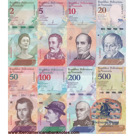 Lote completo de los 8 billetes de la serie Bolívar Soberano de Venezuela de 2018, del 2 a los 500 bolívares, Pick 101 a 108, sin circular. Cada denominación lleva en el anverso el retrato de un prócer o figura histórica venezolana y en el reverso un animal autóctono en su parque nacional.