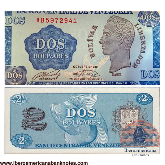 Billete de 2 bolívares de Venezuela de 1989, Pick 69, sin circular. Anverso con el perfil de Simón Bolívar y el valor en letra; reverso con el escudo nacional y motivos guilloché.