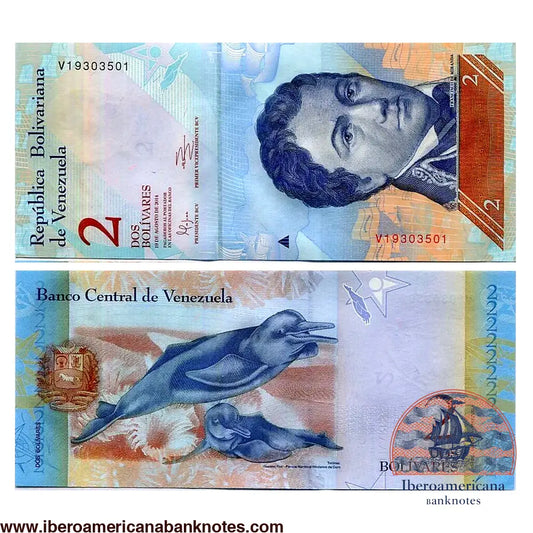 Billete de 2 bolívares fuertes de Venezuela de 2014, Pick 87, sin circular. Anverso con el retrato de Francisco de Miranda, un mapa de Venezuela y un velero; reverso con un delfín de río y las dunas de Coro.