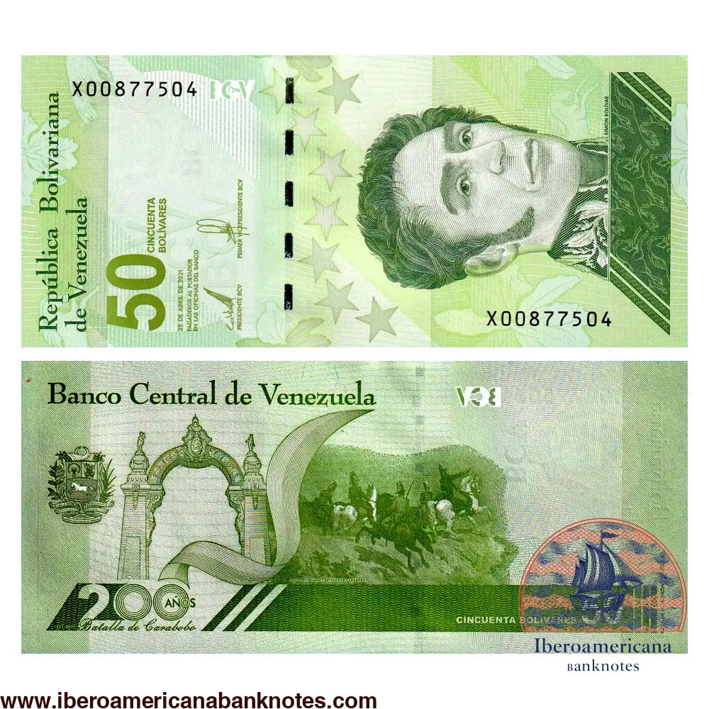 Billete de 50 bolívares de Venezuela 2021, reposición serie X, anverso con Simón Bolívar y reverso de la Batalla de Carabobo