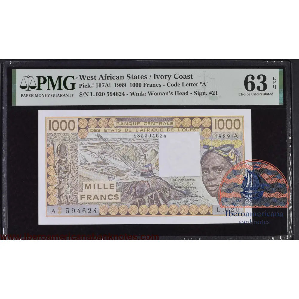 West African States / Ivory Coast 1989 P-107Ai PMG Choice UNC 63 EPQ 1000 Francs