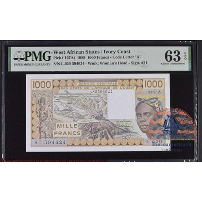 West African States / Ivory Coast 1989 P-107Ai PMG Choice UNC 63 EPQ 1000 Francs