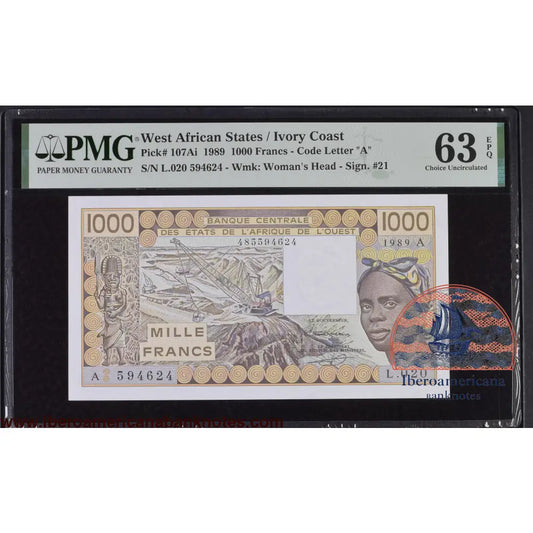 West African States / Ivory Coast 1989 P-107Ai PMG Choice UNC 63 EPQ 1000 Francs