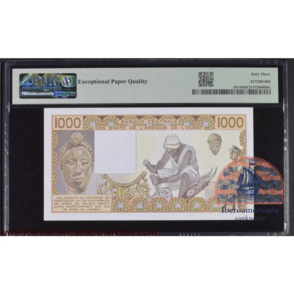 West African States / Ivory Coast 1989 P-107Ai PMG Choice UNC 63 EPQ 1000 Francs
