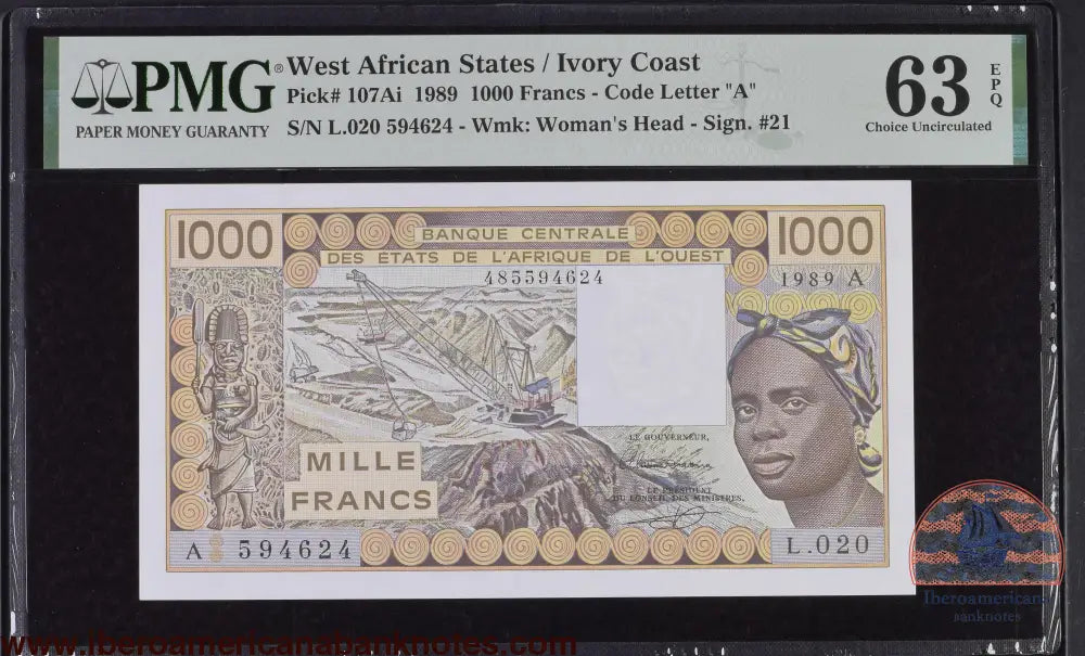 West African States / Ivory Coast 1989 P-107Ai PMG Choice UNC 63 EPQ 1000 Francs