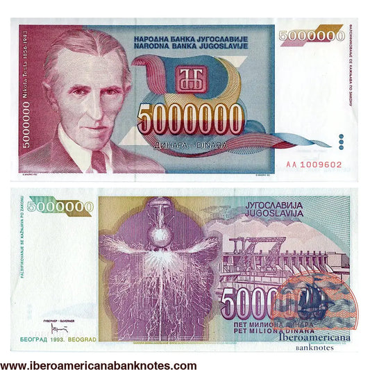 Billete de 5.000.000 de dinares de Yugoslavia de 1993, Pick 121, sin circular. Anverso con el retrato de Nikola Tesla y el emblema del Banco Nacional; reverso con una figura de descargas eléctricas y una central hidroeléctrica.