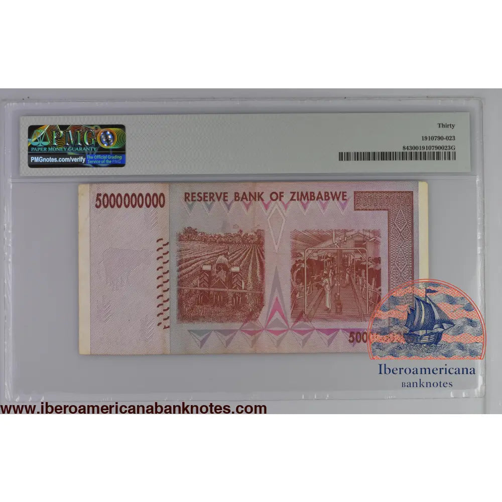 Zimbabwe 5 Billion Dollars 2008 P-84 Error PMG 30