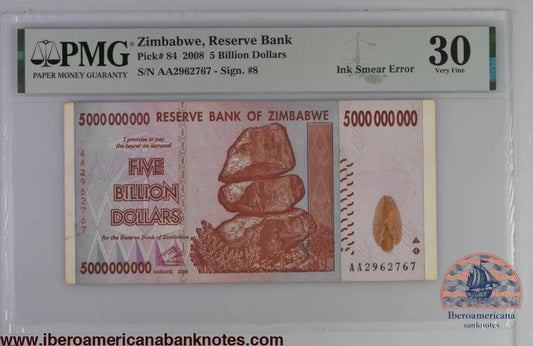 Zimbabwe 5 Billion Dollars 2008 P-84 Error PMG 30