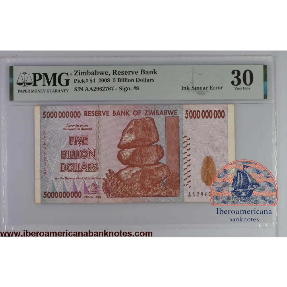 Zimbabwe 5 Billion Dollars 2008 P-84 Error PMG 30