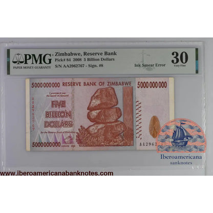 Zimbabwe 5 Billion Dollars 2008 P-84 Error PMG 30