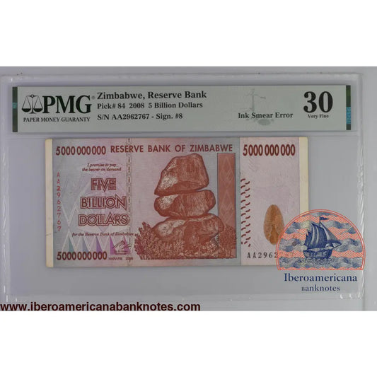 Zimbabwe 5 Billion Dollars 2008 P-84 Error PMG 30